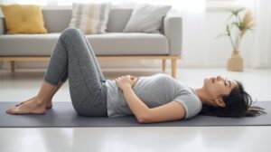 朝5時に仰向けでヨガの練習をし始めようとしているる40代女性